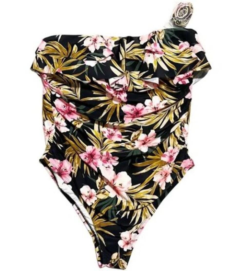 NWT Kona Sol Double Flounce Front High Coverage One Piece Floral Swimsuit Size L